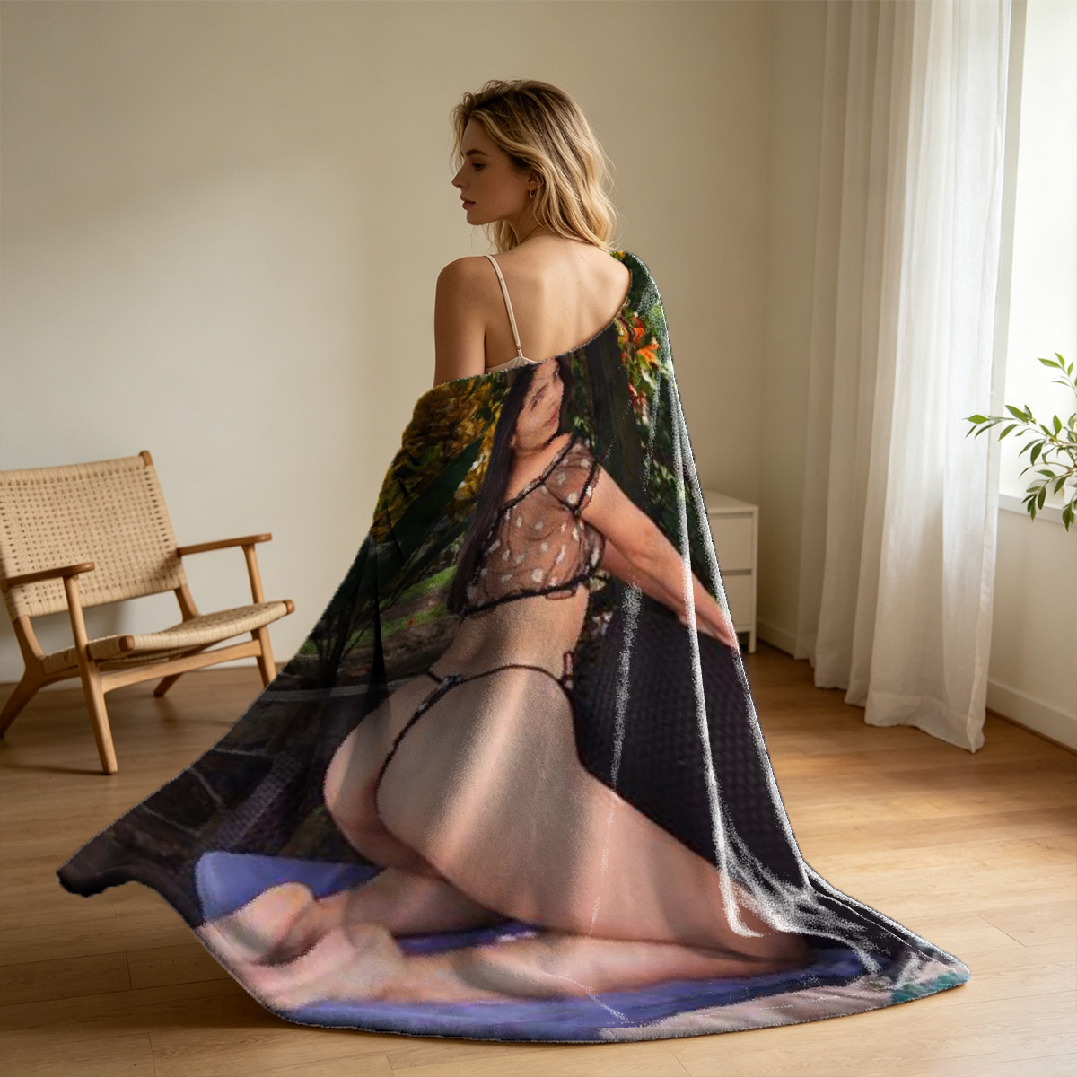 Met Gala model in grey lingerie holding a fan on a swivel chair. - Blanket