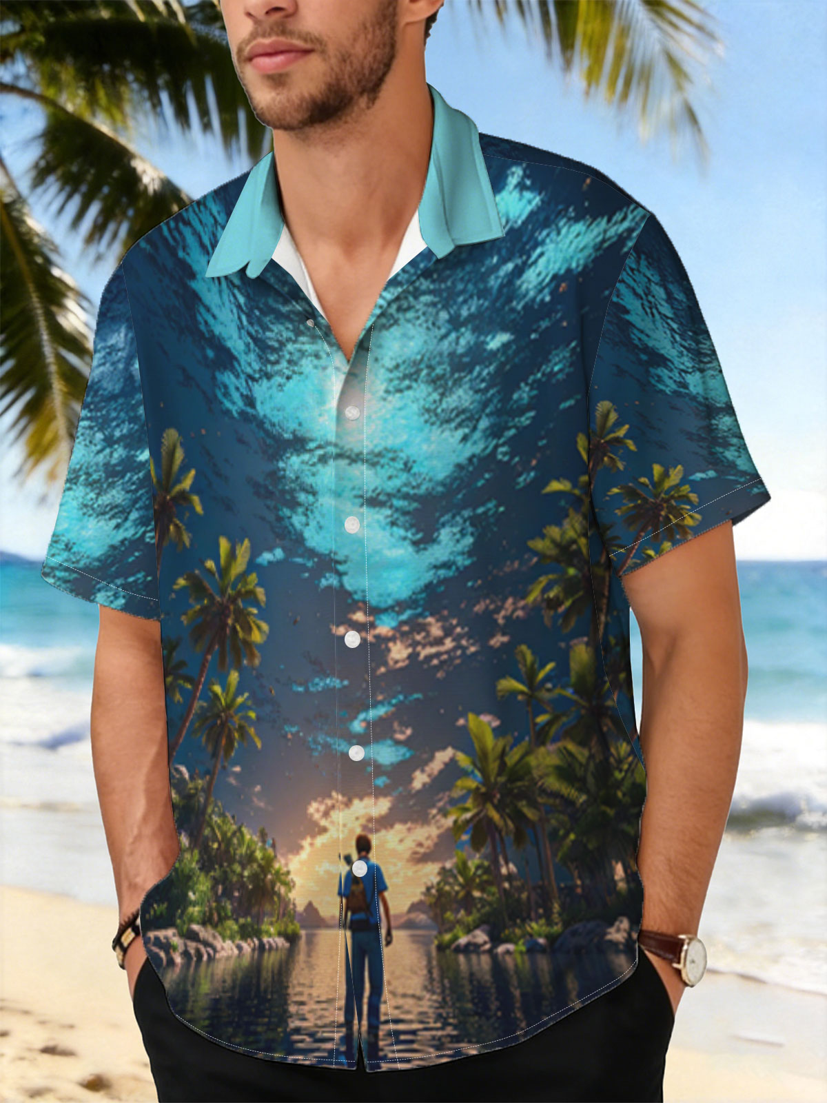 Man stands on water under surreal sky, surrounded by palm trees at twilight -  Shirt