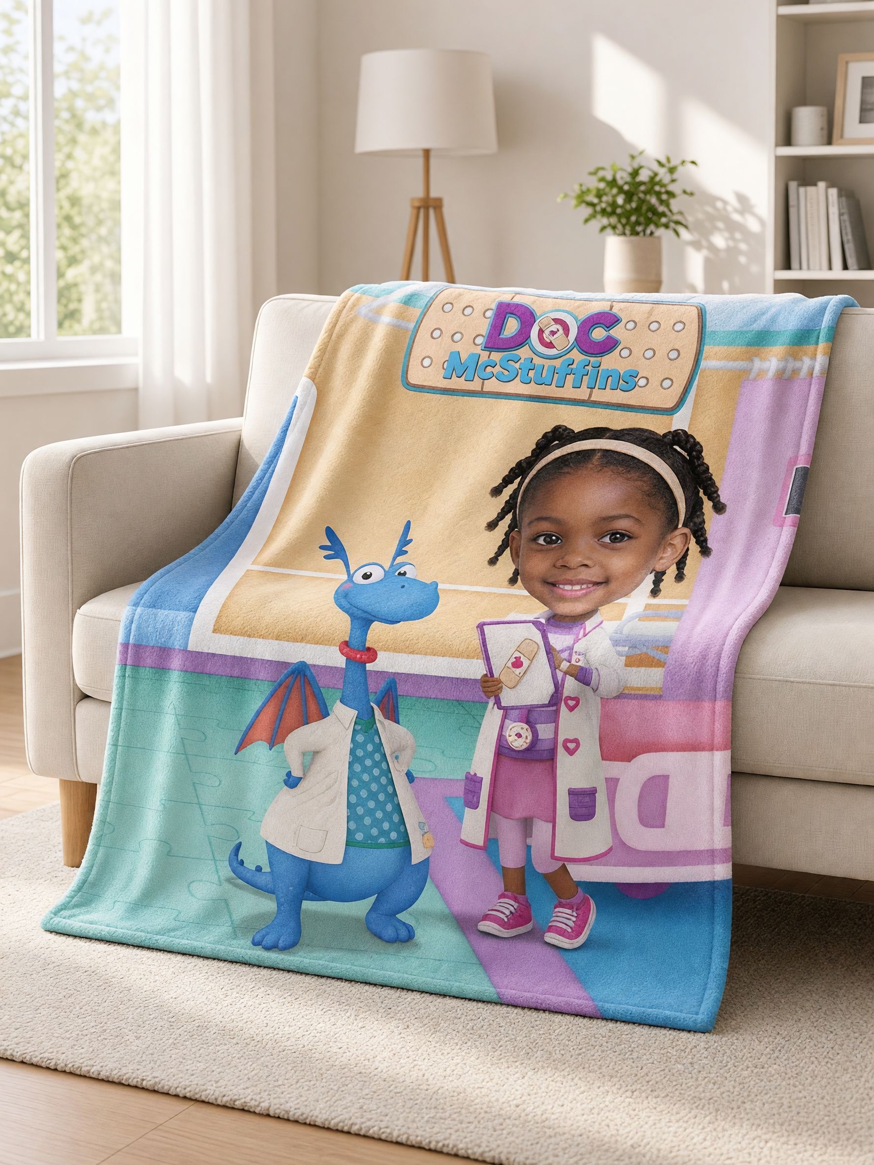 Personalized Photo Face Blanket Custom Cartoon Doctor Flannel Fleece Throw for Kids, Cozy Bed Couch Gift