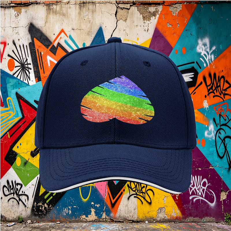 Unisex Classic Sandwich Hat with Rainbow Glitter Heart Print - Perfect for Pride Events, Outdoor Activities, and Casual Wear - Ideal for Adults Seeking Expressive Fashion Statement