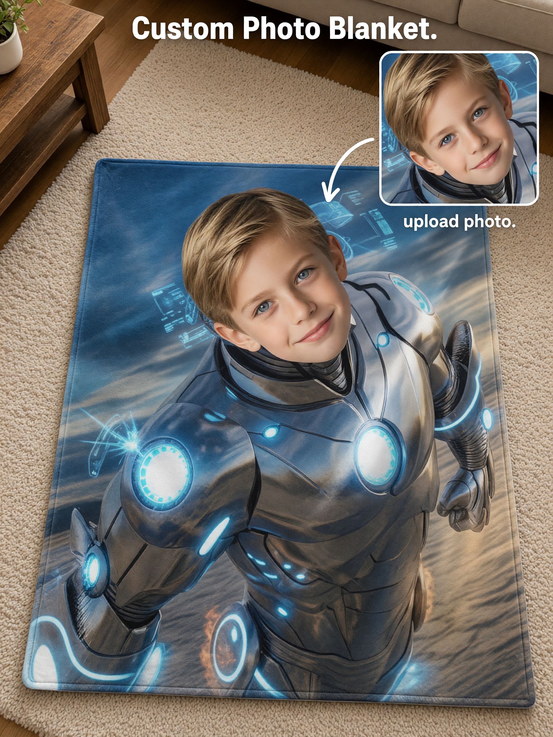 Custom Face Photo Superhero Blanket, Ultra Soft Flannel Fleece Armor Throw, Personalized Gift for Kids and Adults
