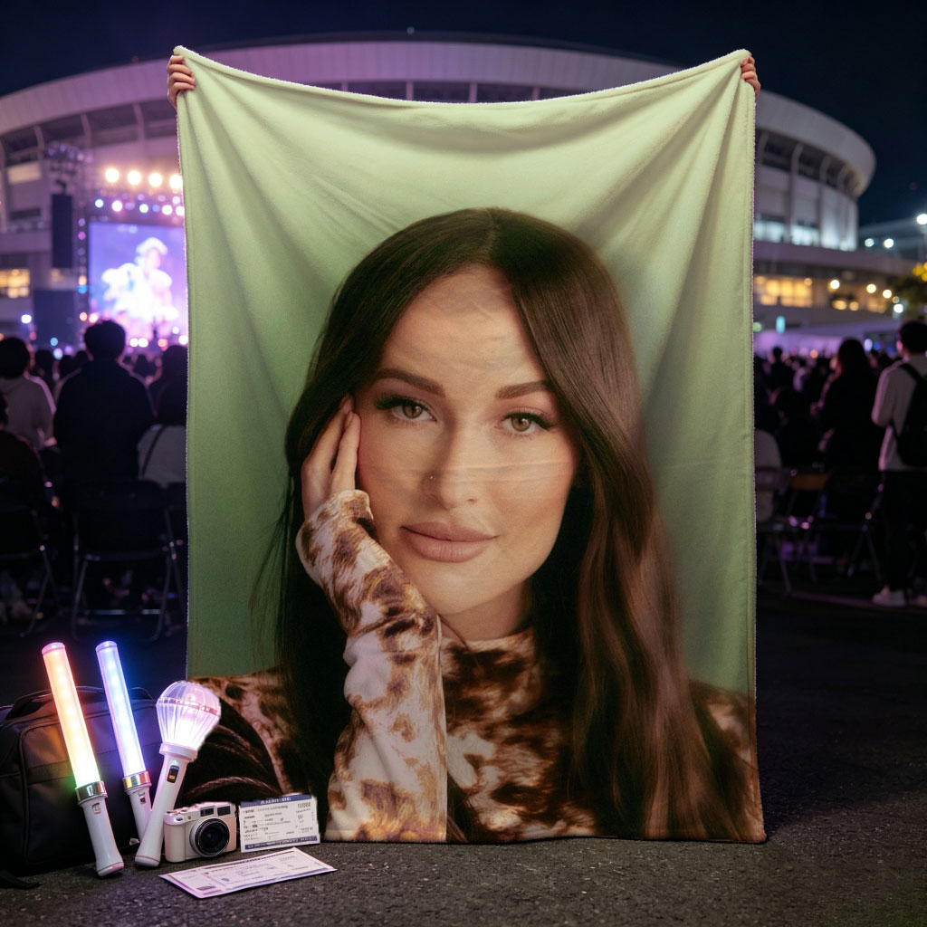 Kendall Rae - Portrait - Woman with Long Brown Hair Wearing Tie-Dye Top Against Green Background - Blankets