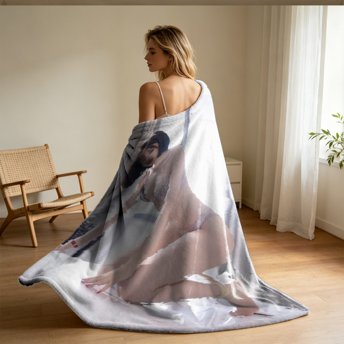 Two Women in Blue Lingerie Embracing in a Luxurious Setting - Blanket