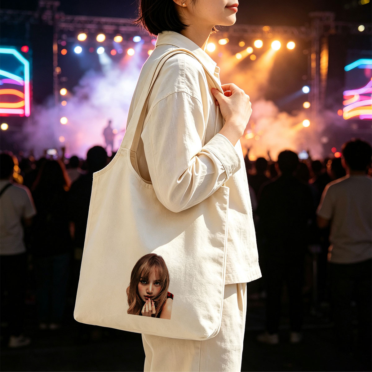 Lisa Blackpink Close-Up Portrait with Blush and Pink Nails on White Background - Canvas shoulder bags/