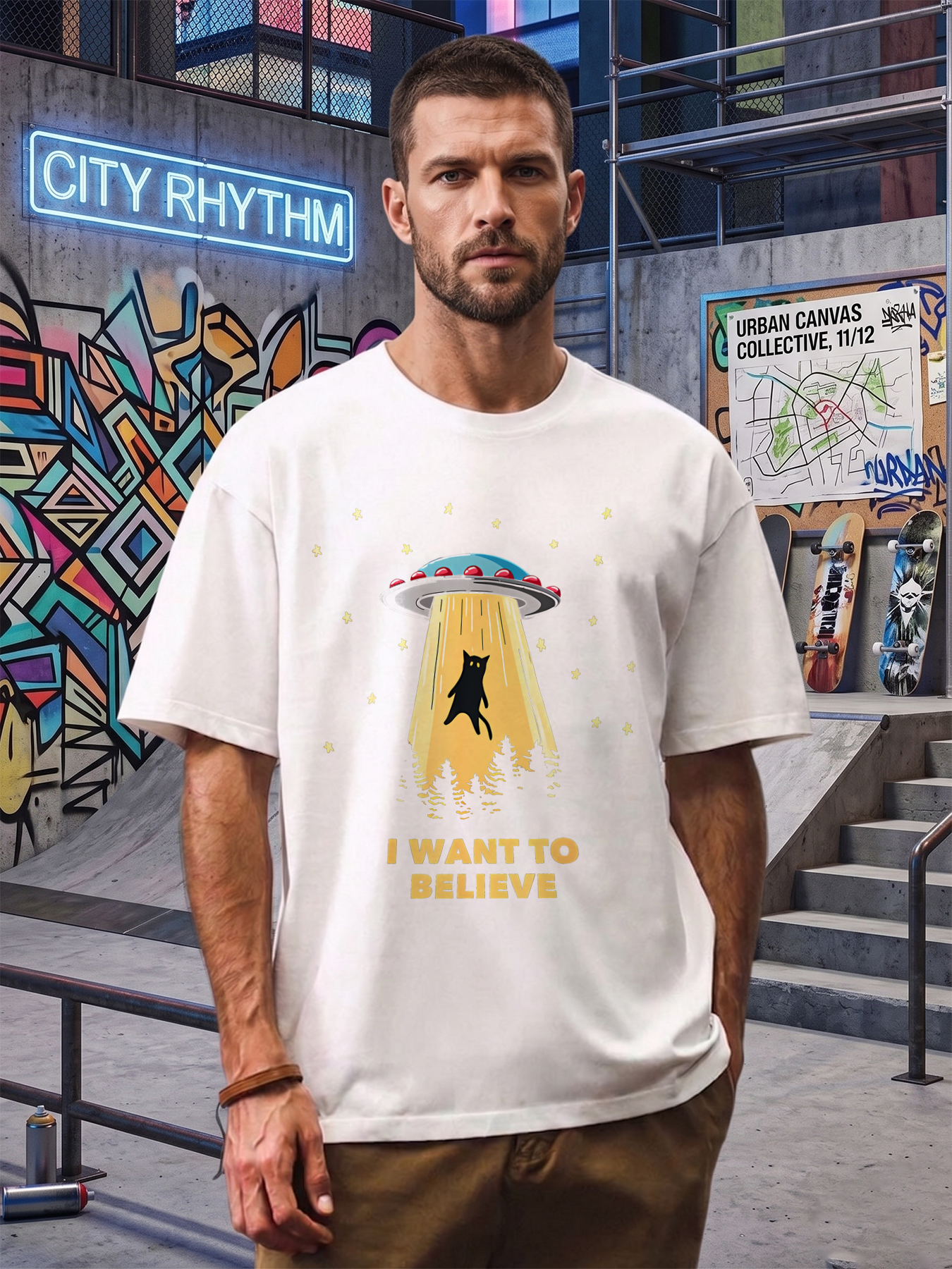 Men's Printed T-Shirt UFO Abducting Cat I Want to Believe Graphic Tee Casual Round Neck Summer Lightweight Breathable Short Sleeve T-Shirt for Sci-Fi Fans and Cat Lovers