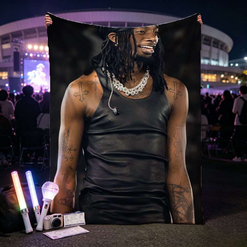Lil Wayne on Stage Wearing Black Leather Tank Top and Headwrap with Visible Tattoos and Jewelry - Blankets