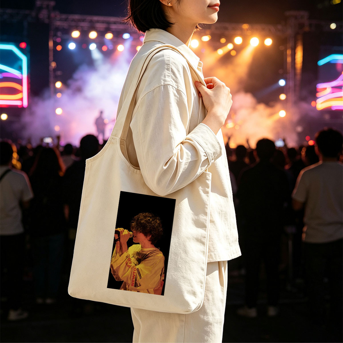 Harry Styles Singing on Stage in a Yellow Outfit with Microphone - Canvas shoulder bags/