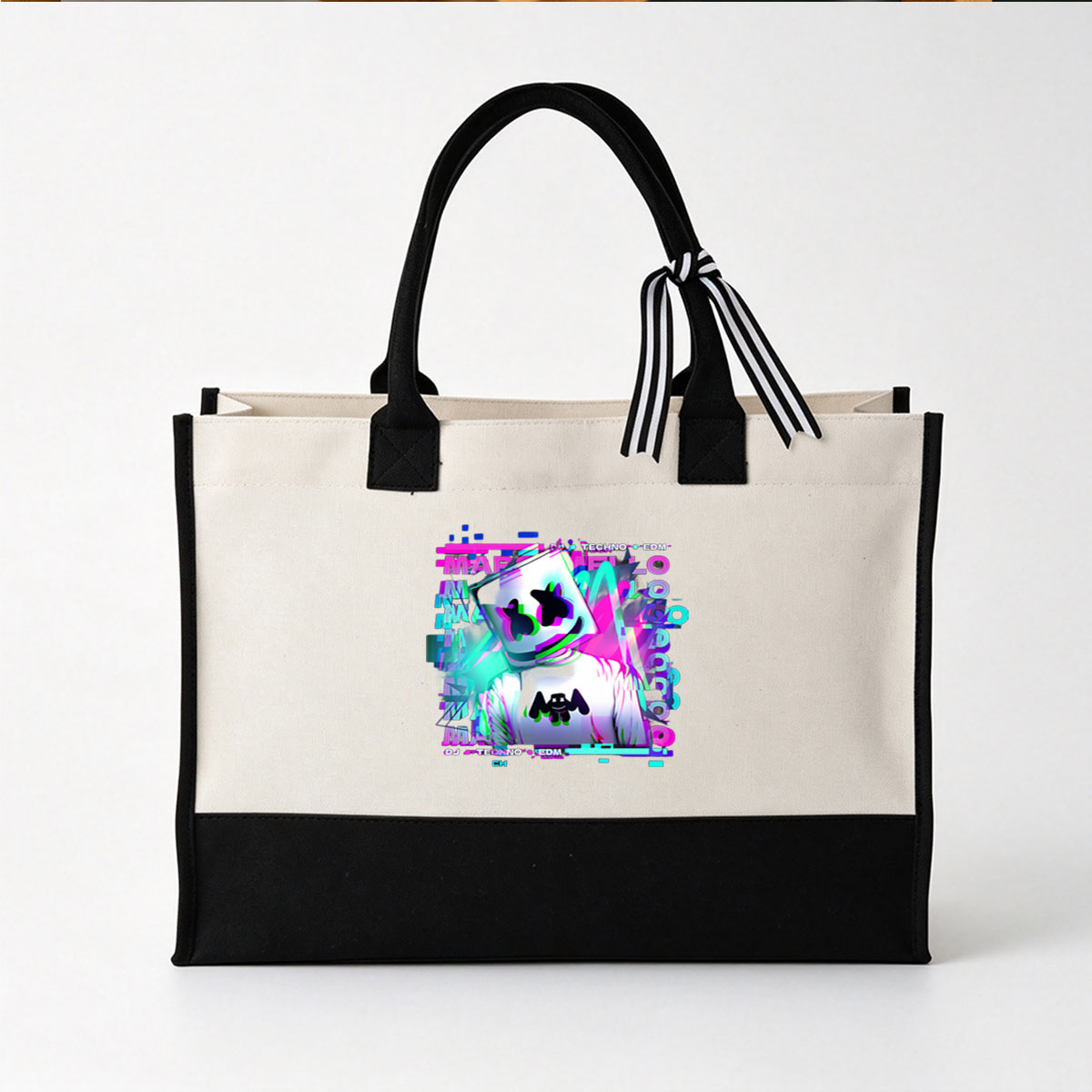 DJ Marshmello Techno EDM Music Artist with Iconic Helmet and Glitch Art Style - Canvas patchwork gift tote bag