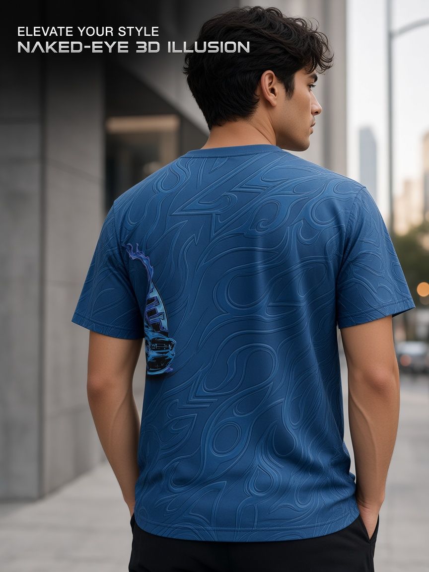 Blue Flame Racing Car 3D Optical Illusion Graphic Tee Breathable Athletic Mesh T-Shirt Casual Sports Wear