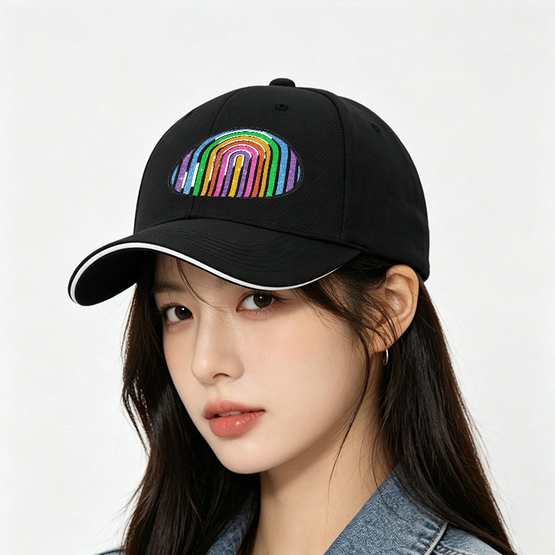 Unisex Classic Sandwich Hat with Glitter Rainbow Arc Print - Stylish Sun Protection Cap for Outdoor Activities, Perfect for Fashion-Loving Adults and Urban Explorers