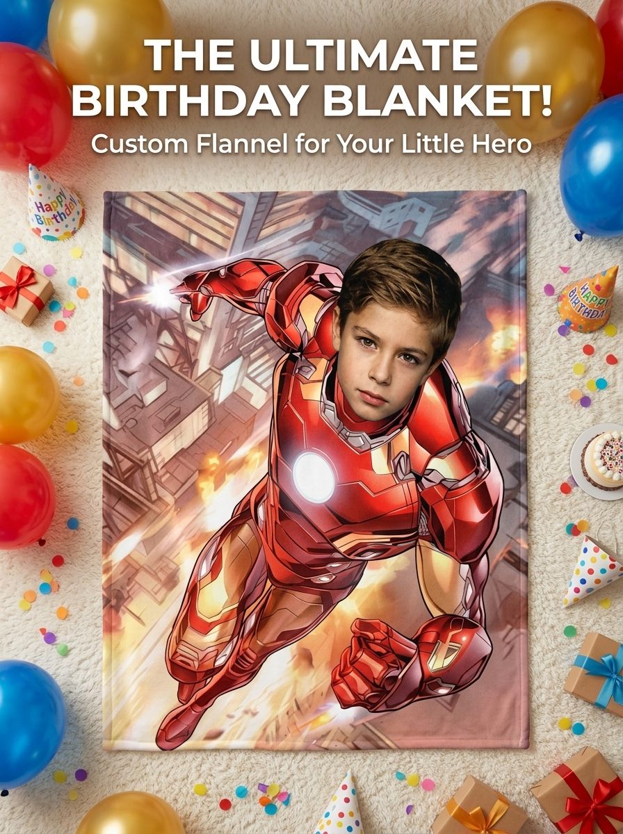 Personalized Photo Superhero Flannel Throw Blanket Soft Cozy Fleece Bed Couch Wrap Custom Face Keepsake Gift for Kids