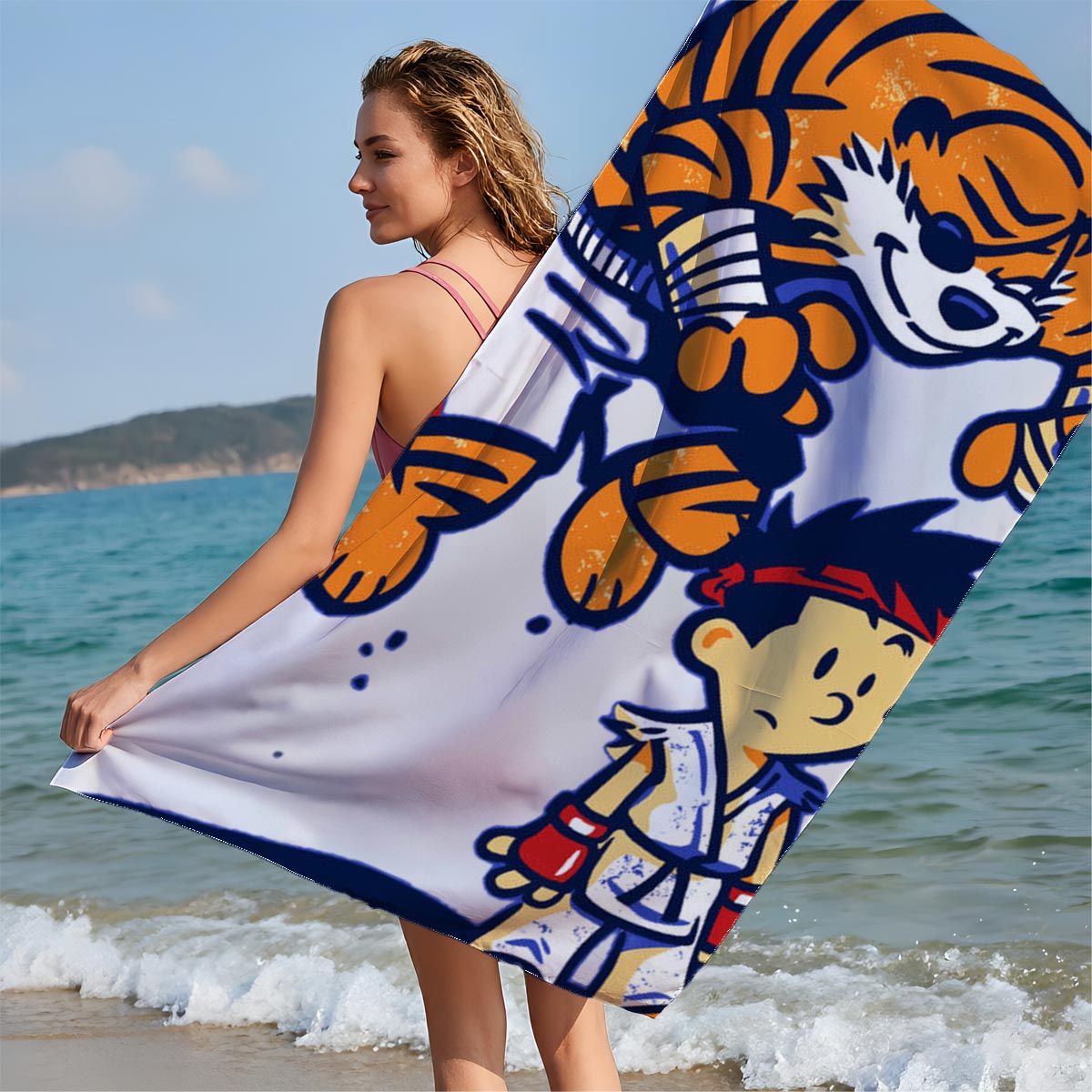 Tiger and Martial Artist Boy in Action Pose - Beach towels