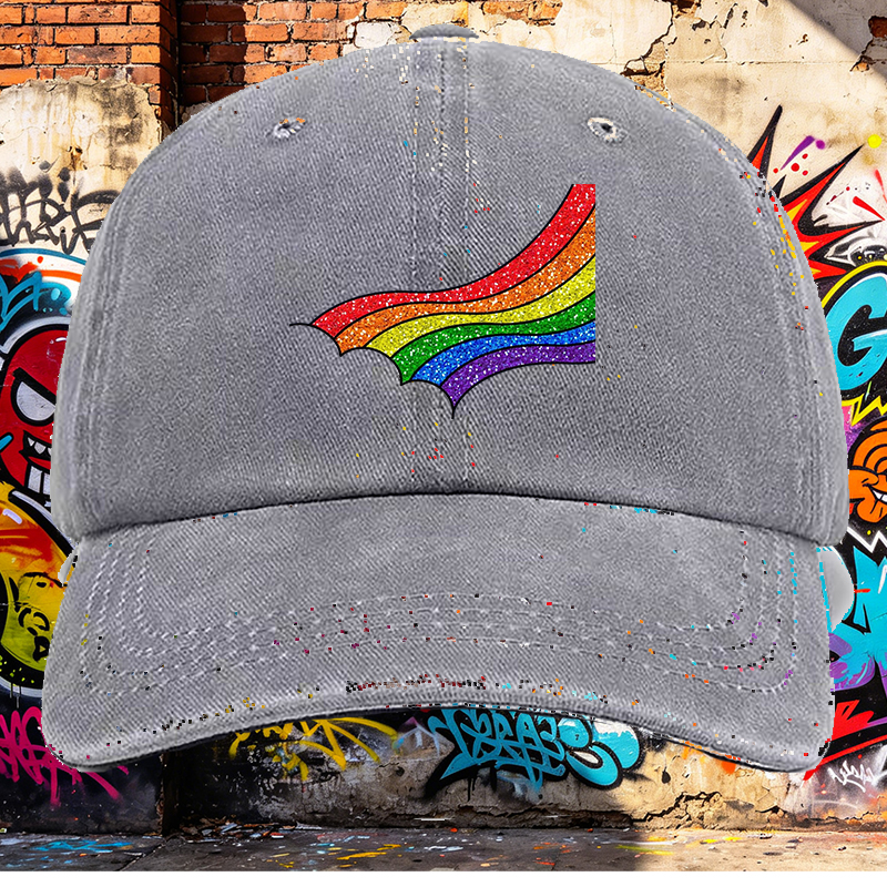 Men's Rainbow Glitter Print Washed Cap Casual Round Brim Summer Lightweight Hat for Outdoor Activities and Streetwear Fashion Adults