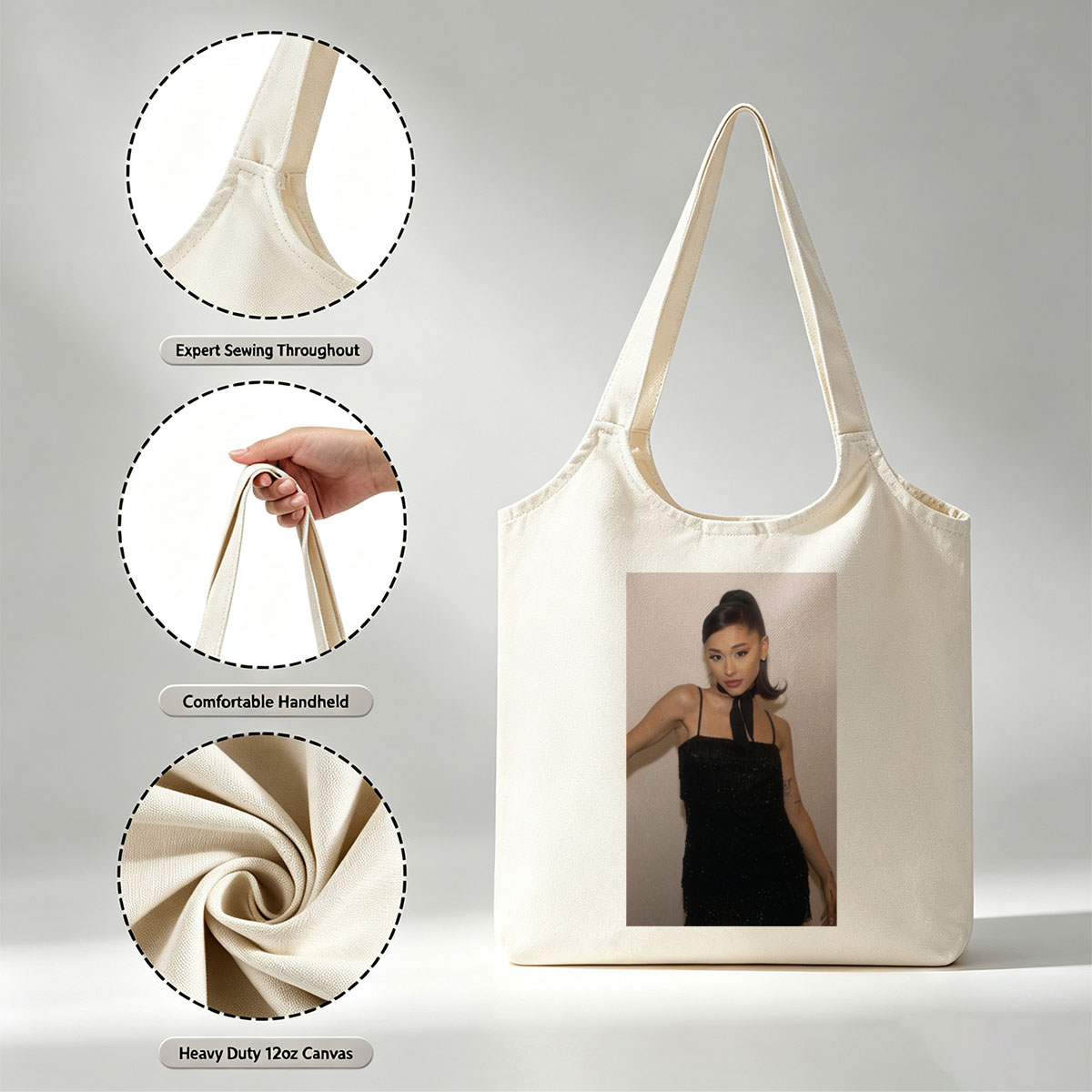 Ariana Grande in a Black Sparkle Dress with High Ponytail and Elegant Makeup - Canvas shoulder bags/