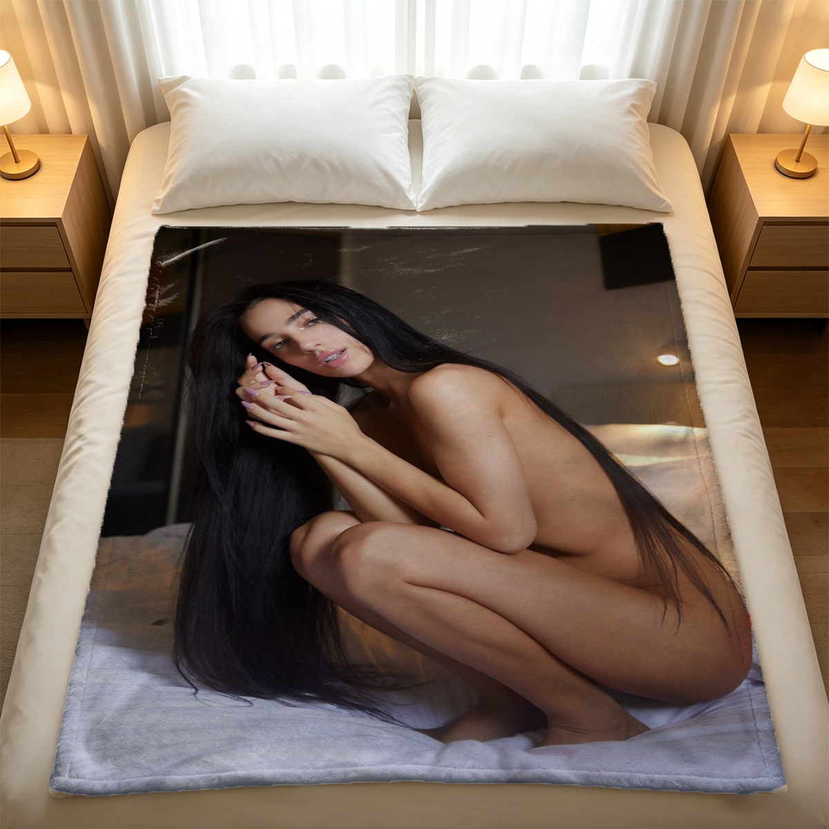 Aubrey Black in a torn brown t-shirt and black lace bra lifting her breasts. - Blanket