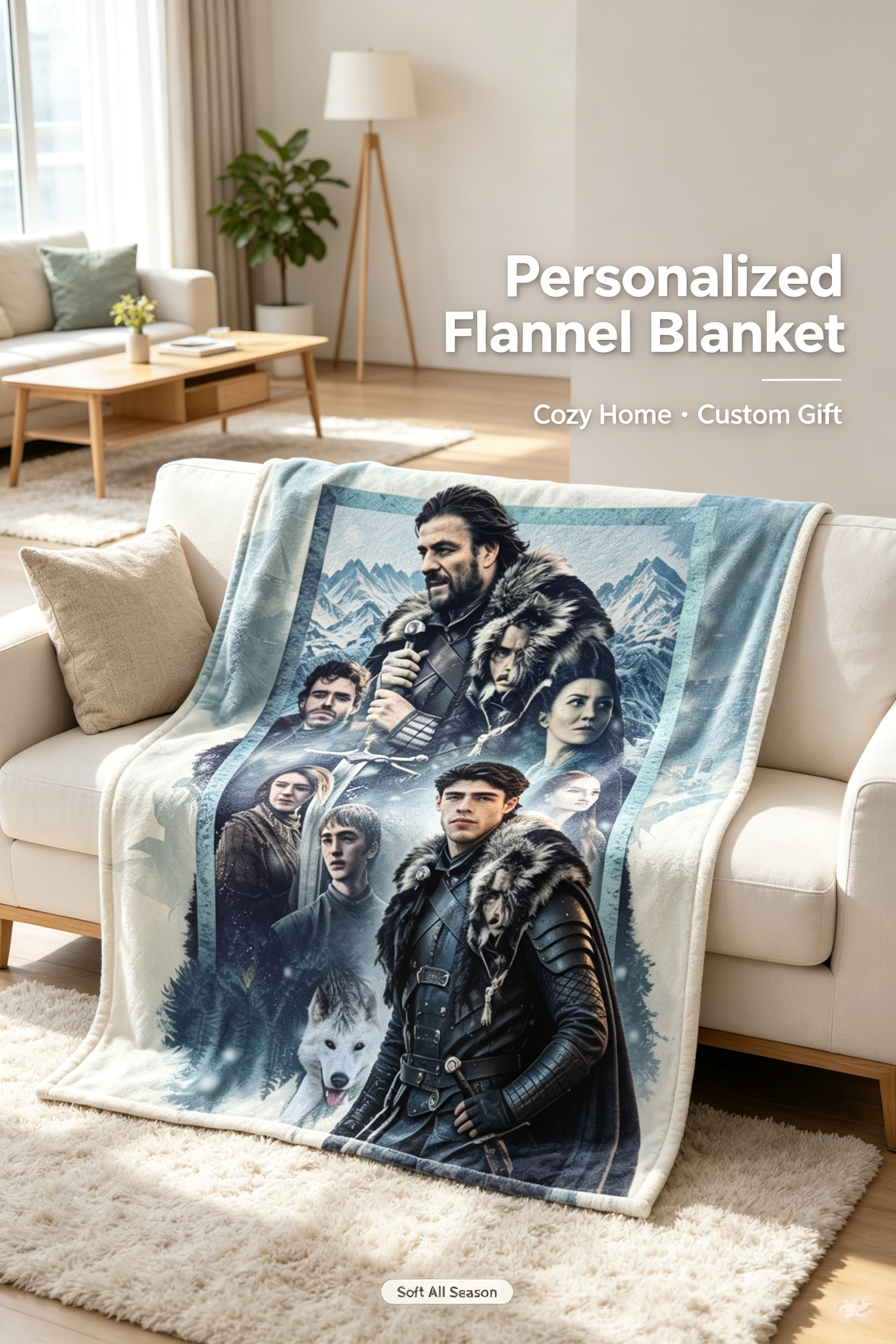 Custom Face Blanket House of Stark Flannel Blanket Winter is Coming Theme Gift for Fans and Collectors