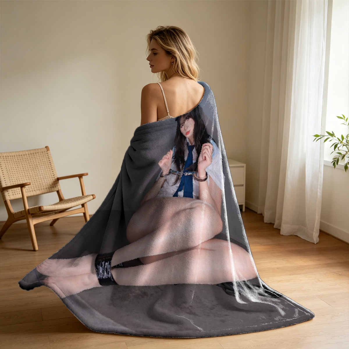 A woman with a bob haircut in blue lace lingerie on a bed. - Blanket