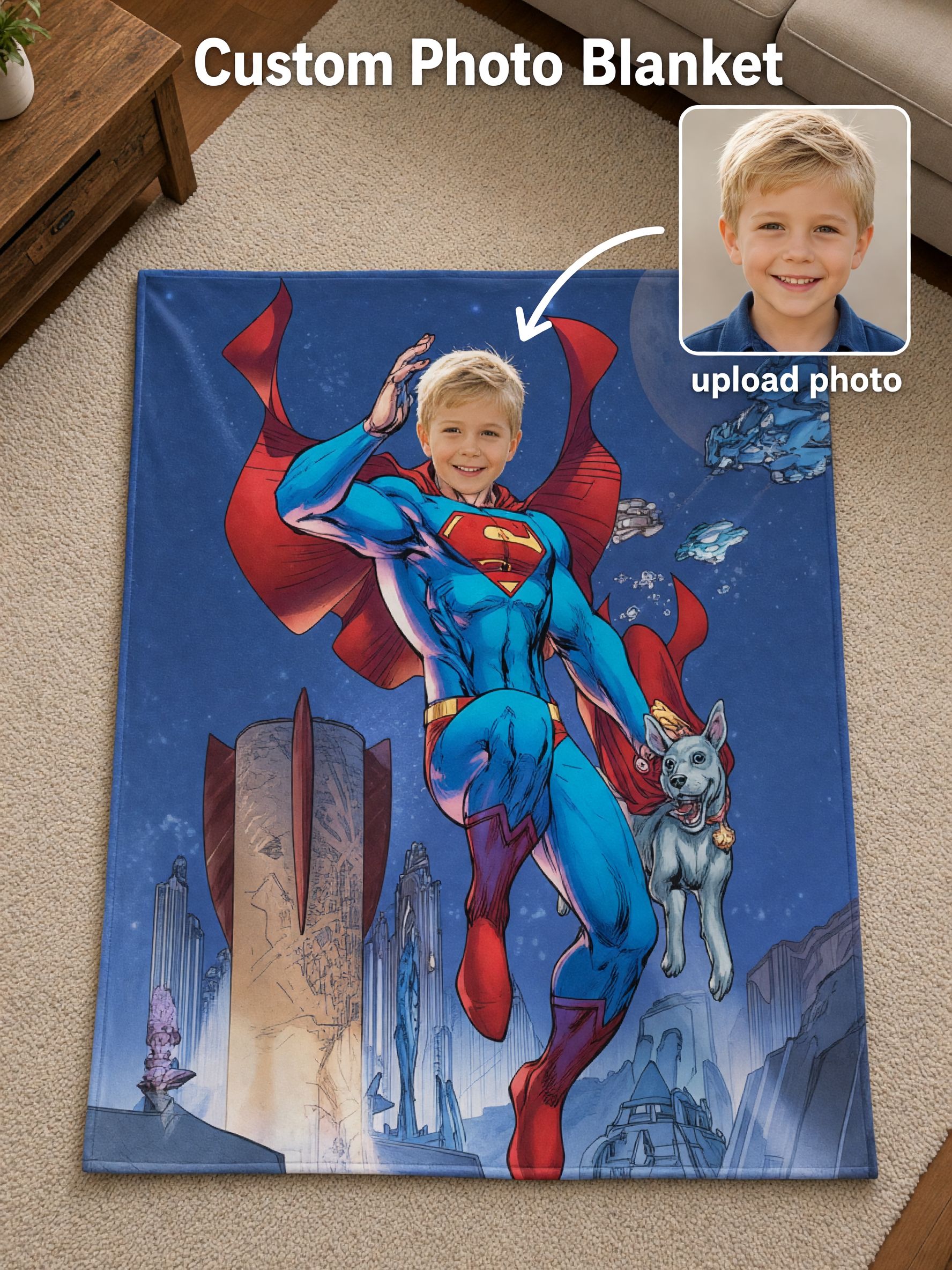 Custom Face Superhero Flannel Blanket Personalized Photo Throw Lightweight Ultra Soft Cozy Bed Fleece Blanket Gift