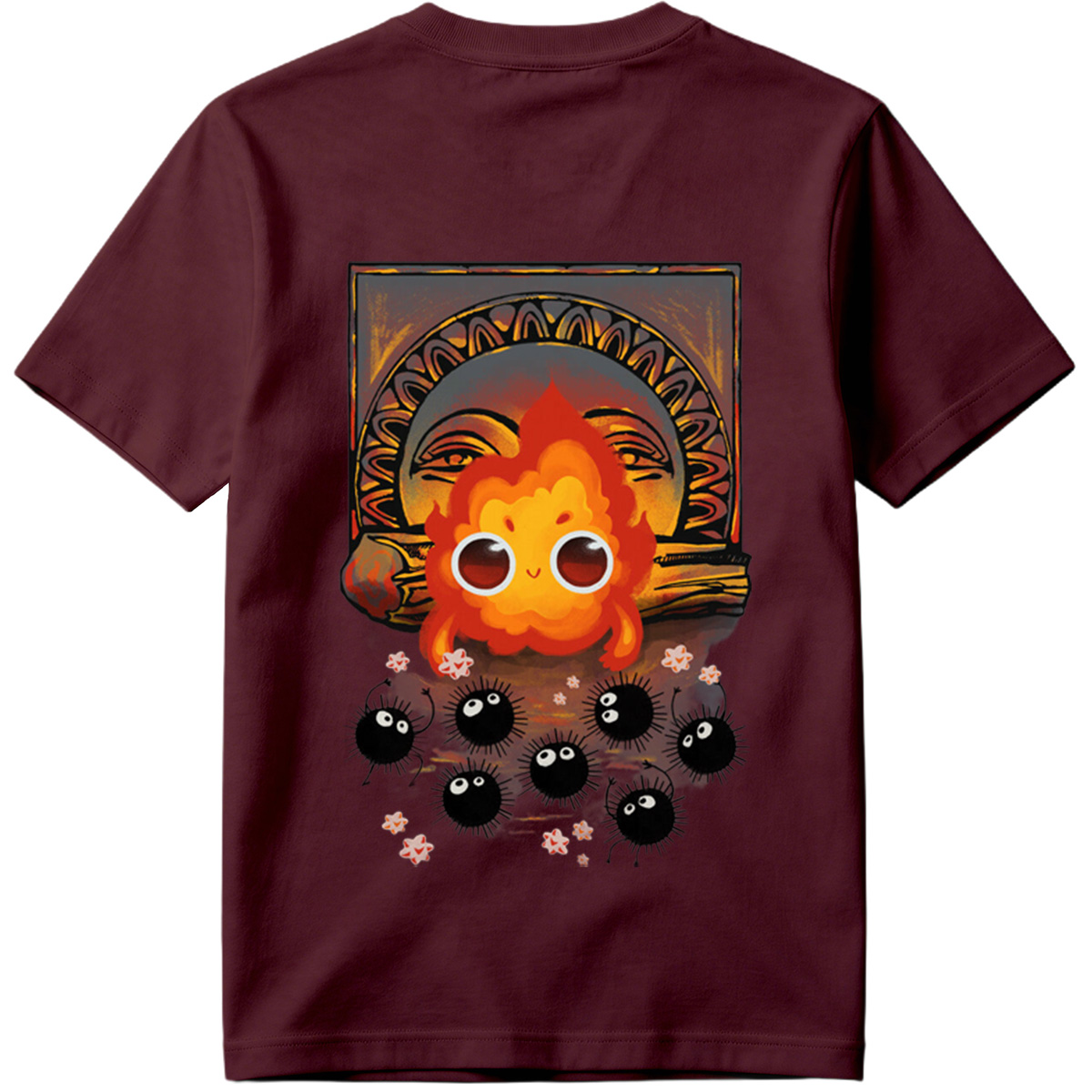 Cute Flame Character with Black Spiky Creatures and Ancient Mask Background - Tee