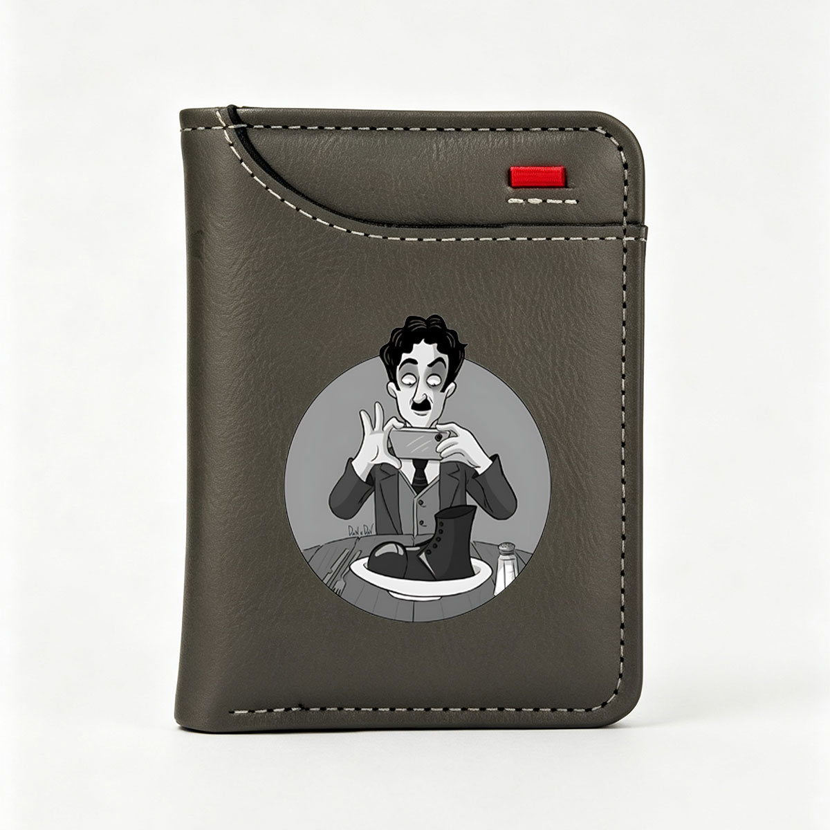 Man in Suit Takes Photo of Boot on Plate - Vertical Style Wallet