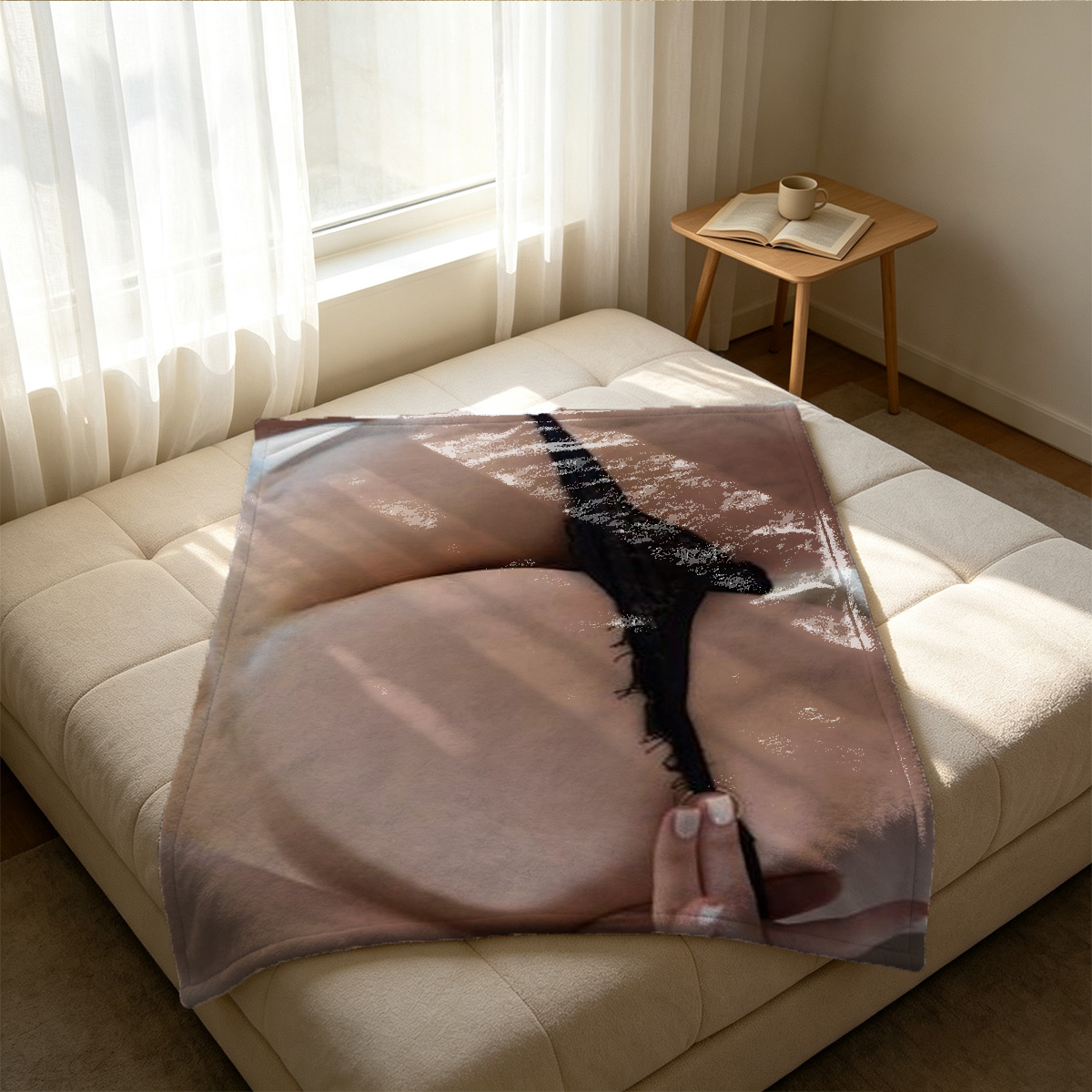 Glamorous Asian beauty in pink lace lingerie and fishnet stockings posing on a luxury hotel sofa. - Blanket