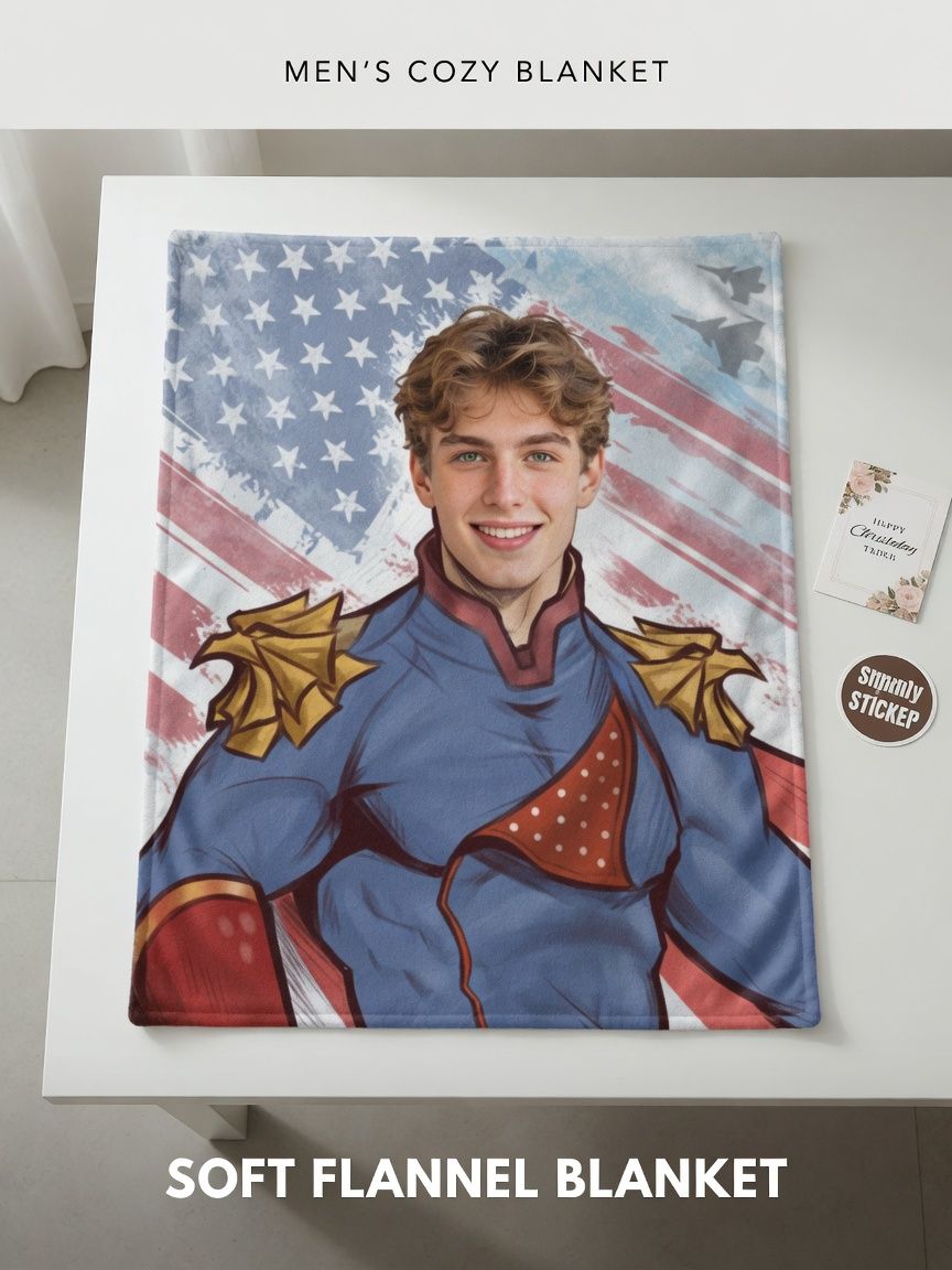 Personalized Superhero Face Photo Blanket Custom Soft Flannel Throw Fleece for Bed Sofa Ideal Unique Keepsake Gift