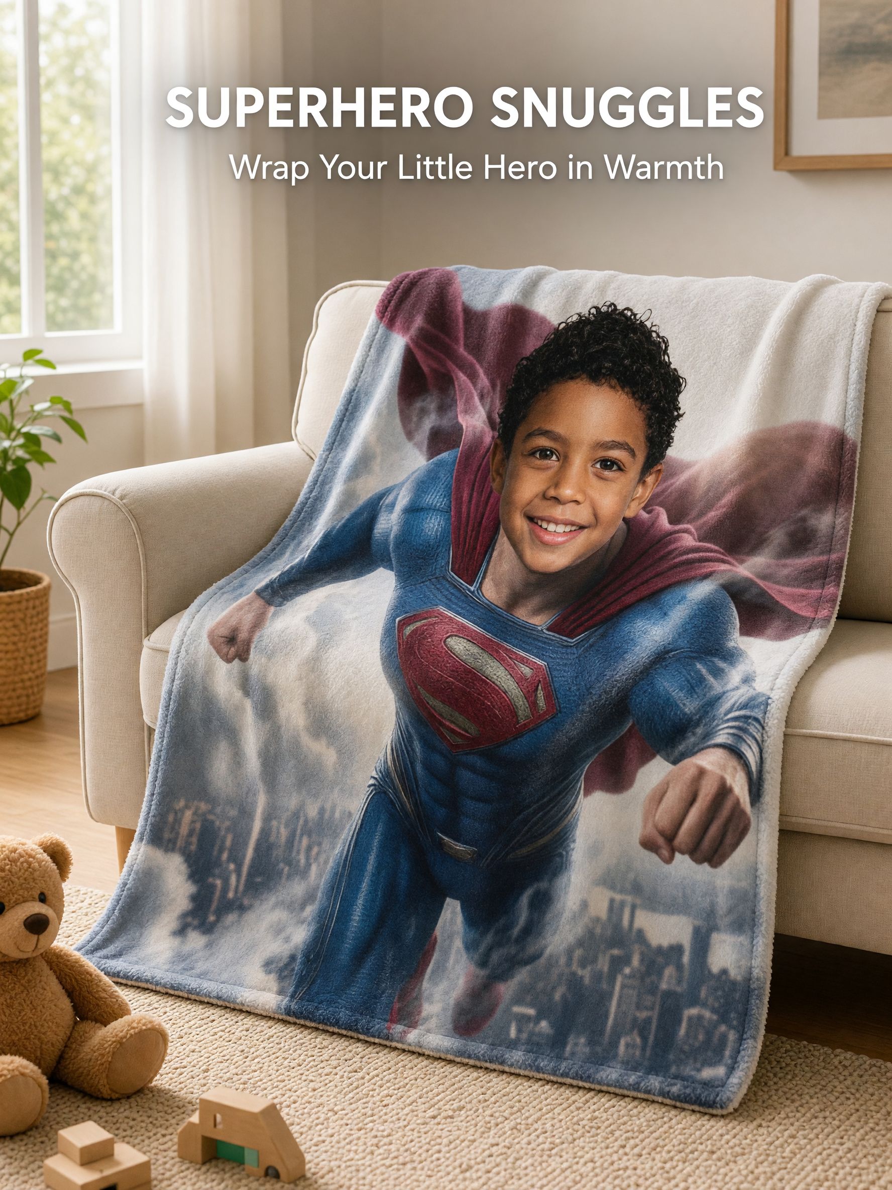 Custom Face Photo Blanket Personalized Superhero Flannel Throw Skin Friendly Anti Pilling Cozy Bed Sofa Gift for Kids