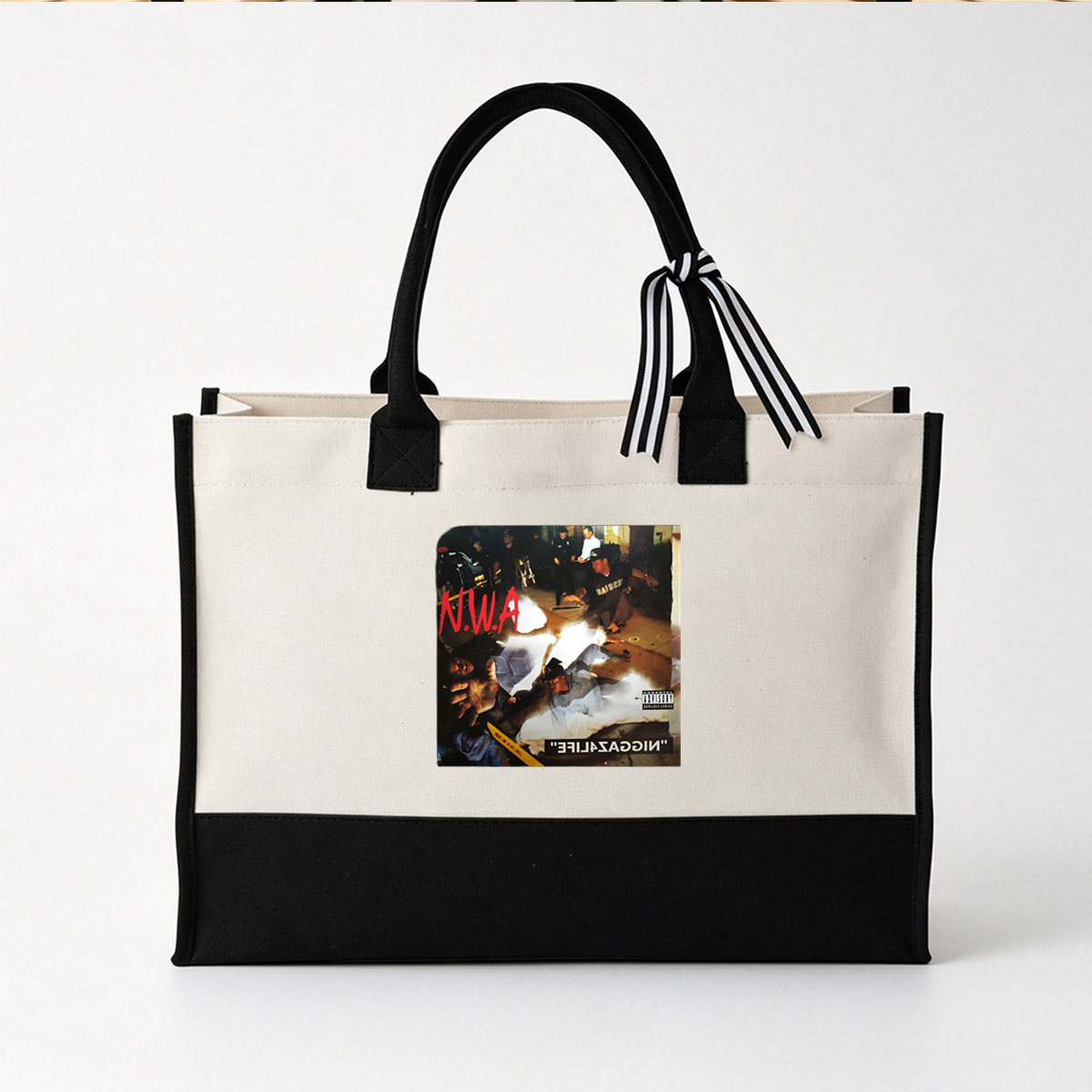 N.W.A - Niggaz4Life: Rap Group, Police, Crime Scene, Parental Advisory - Canvas patchwork gift tote bag