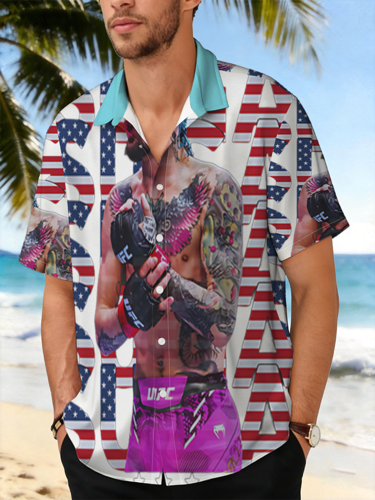 Sean O'Malley in UFC Gear with American Flag Design Background -  Shirt