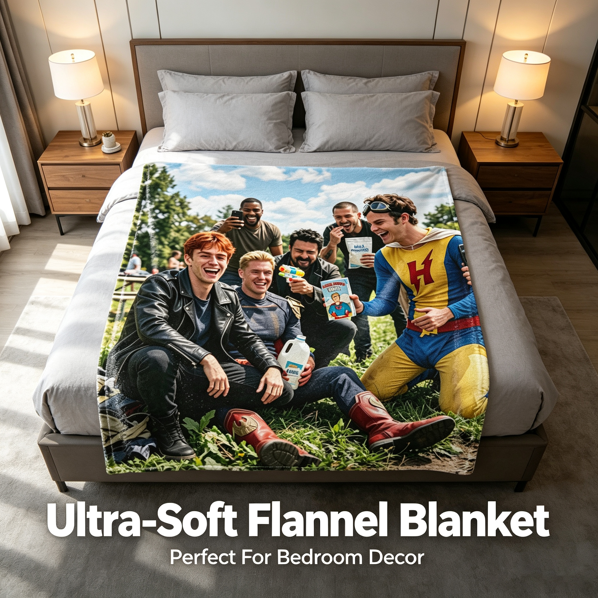 Custom Face Blanket - The Boys Superhero Group Photo Flannel Blanket - Perfect for Couch Lounging, Camping, or as a Unique Gift/Giveaway