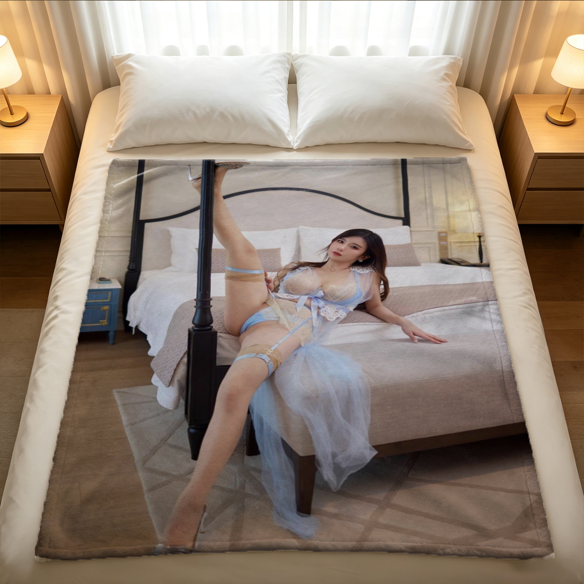 Redhead in white dress on bed. - Blanket