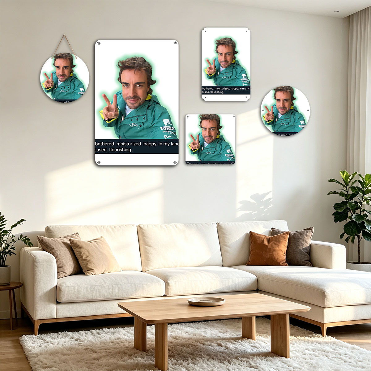 Fernando Alonso in Green Jacket Making Peace Sign with Text Overlay - painting