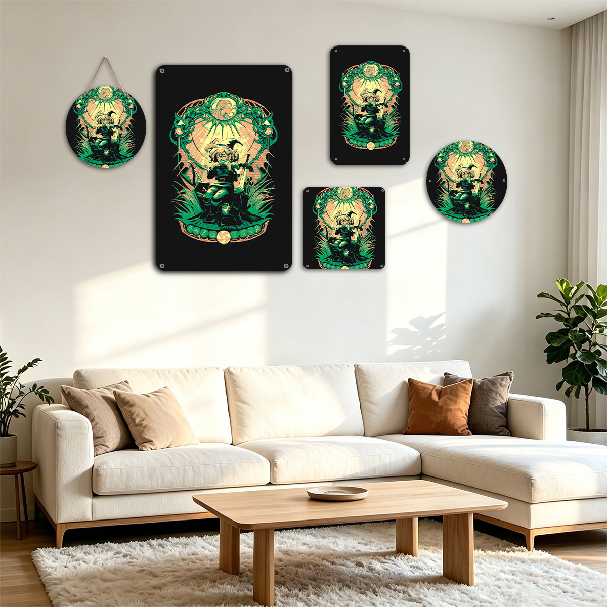 Link from The Legend of Zelda, wielding sword and shield, framed by ornate green design with Triforce symbols - painting