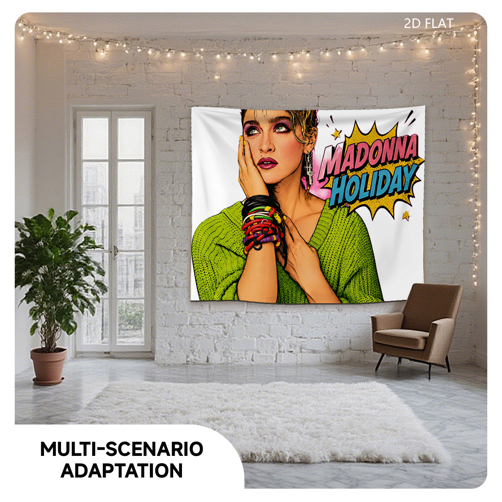 Madonna Holiday: Iconic Pop Star in Vibrant Green Sweater and Bold Accessories - Tapestry