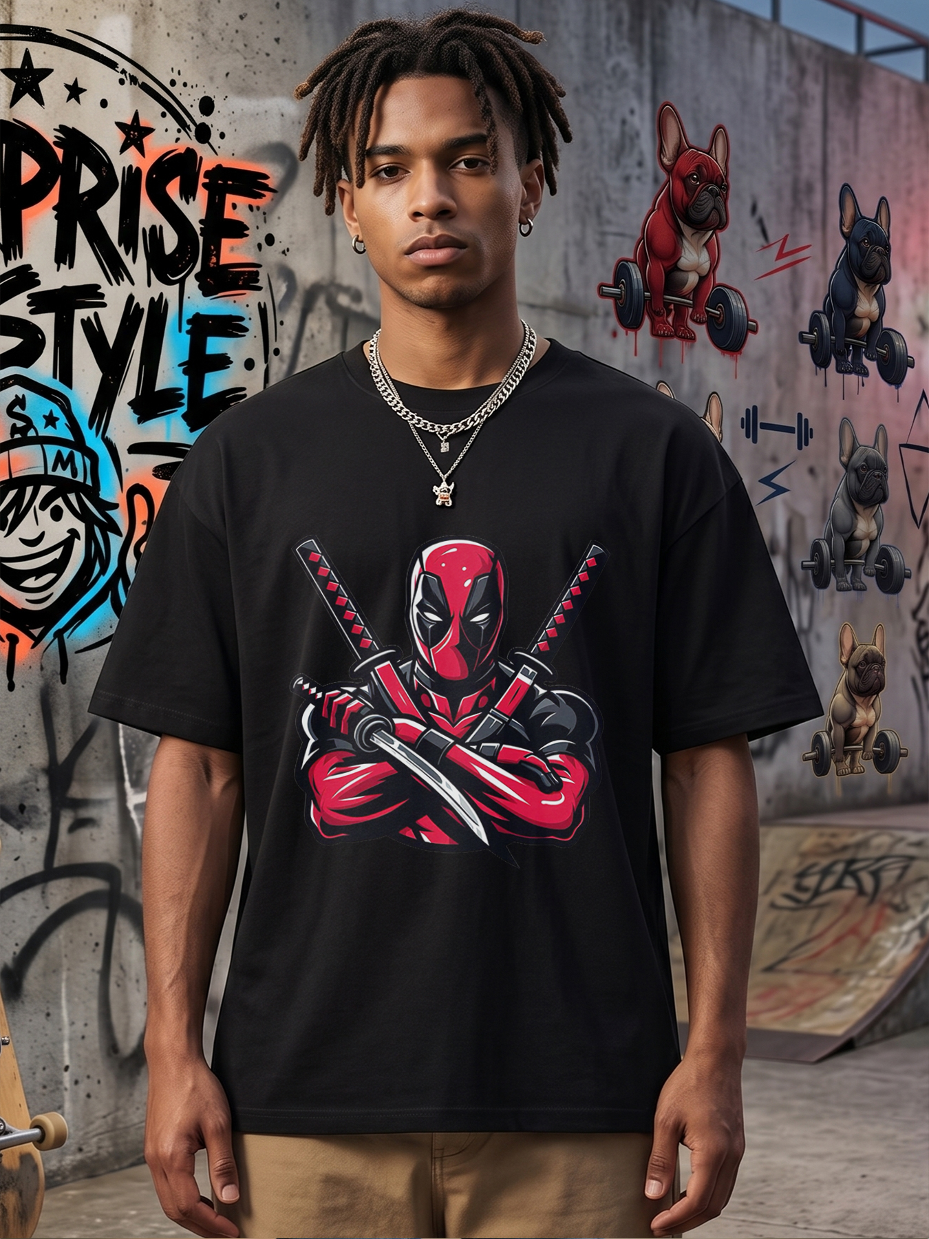 Men's Printed T-Shirt Deadpool Ninja Warrior Design Red Black Graphic Casual Round Neck Summer Lightweight Breathable Short Sleeve Tee for Fans and Comic Lovers