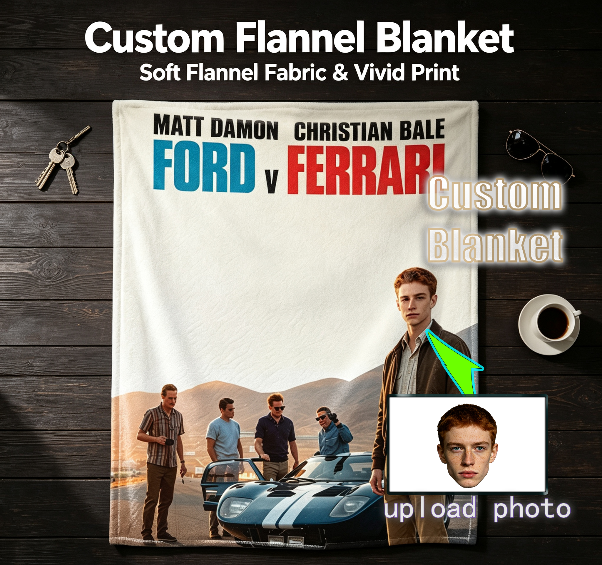 Custom Face Blanket Ford v Ferrari Movie Poster Flannel Blanket for Car Enthusiasts and Movie Fans – Perfect Gift or Giveaway for Racing and Classic Film Lovers