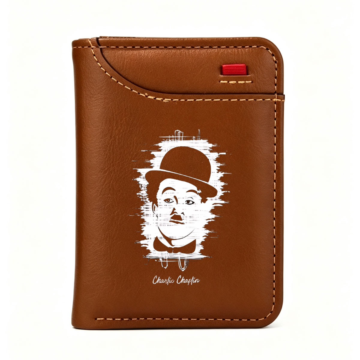 Charlie Chaplin in Classic Bowler Hat and Mustache Portrait - Vertical Style Wallet