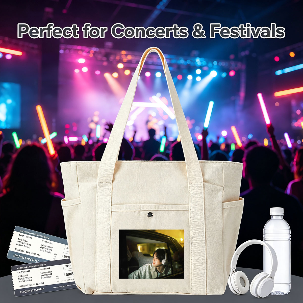 Yosuke Sugino in a Car at Night Wearing Headphones and Looking Out the Window - Multi-pocket bags
