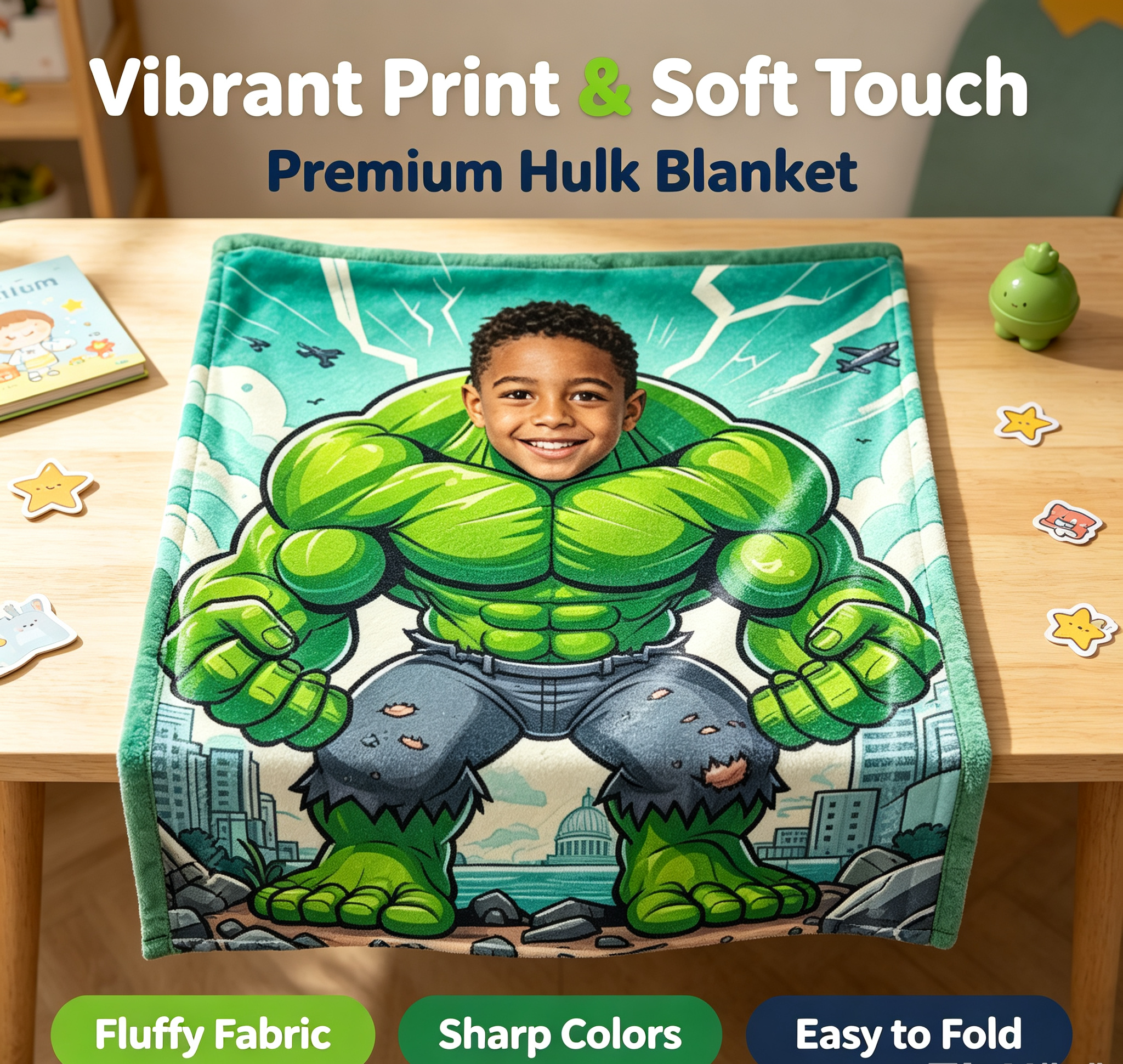 Custom Hulk Blanket, Personalized Superhero Blanket For Boys, Upload Your Kid Photo, Soft 280GSM Flannel Throw Blanket, Unique Birthday Gift For Children