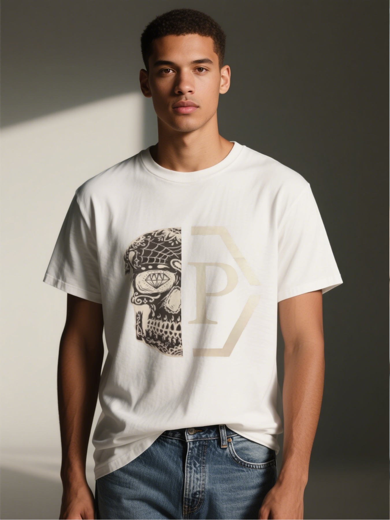 Men's Printed T-Shirt Skull Pattern with Geometric Letter P Design Casual Round Neck Summer Lightweight Breathable Short Sleeve T-Shirt for Urban Streetwear Fashion Lovers and Trendy Adults