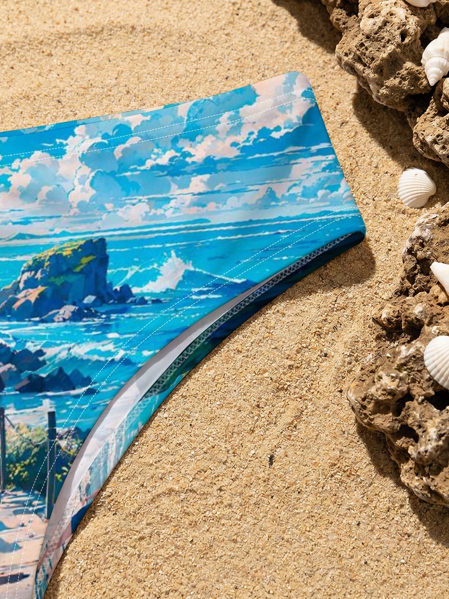Girl walking on coastal path overlooking turquoise sea and rocky cliffs under bright blue sky -  Men's swim trunks
