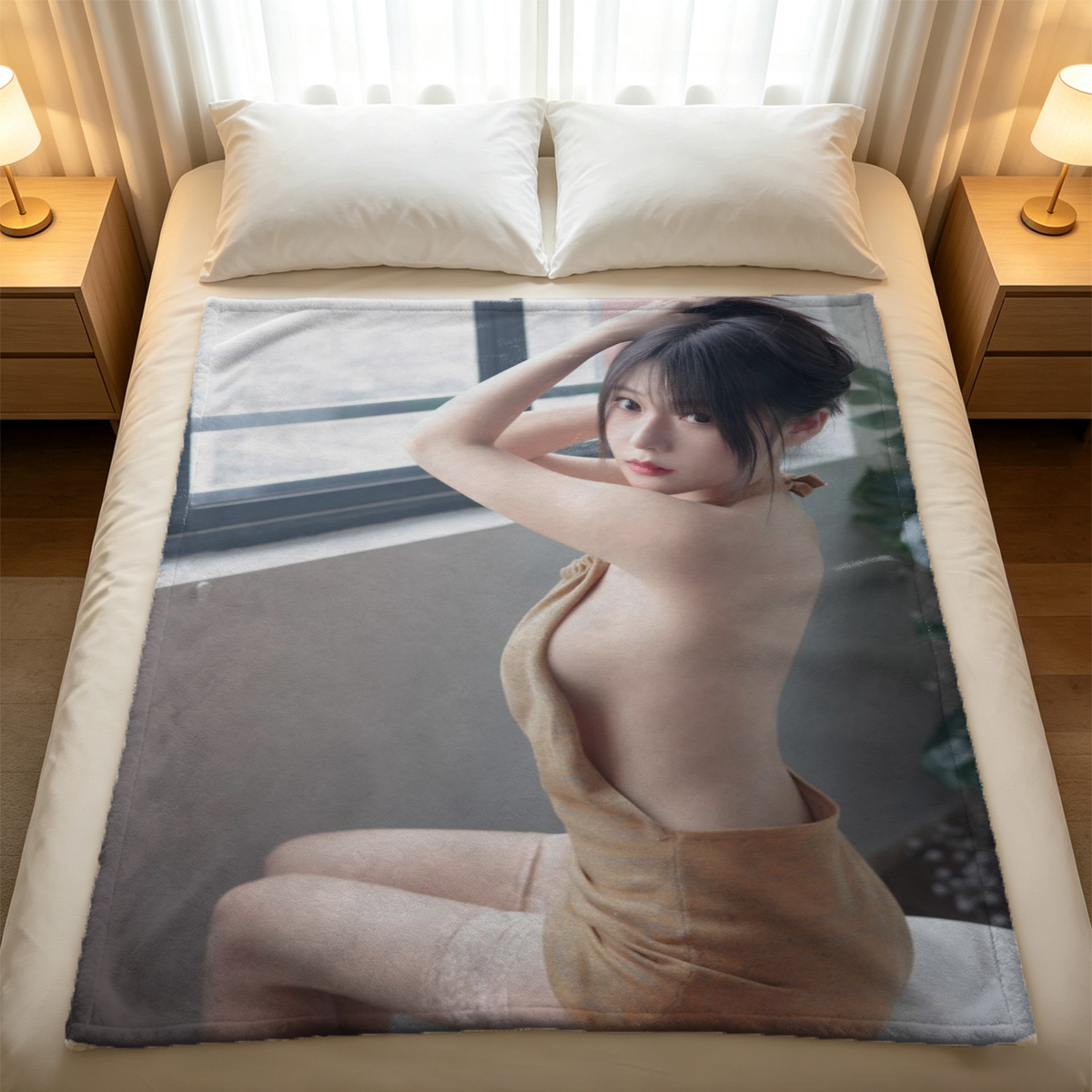 Nurse Cosplay in White Uniform on Bed - Blanket