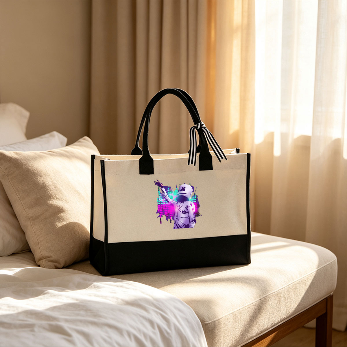 Marshmello DJing in a vibrant neon cityscape - Canvas patchwork gift tote bag