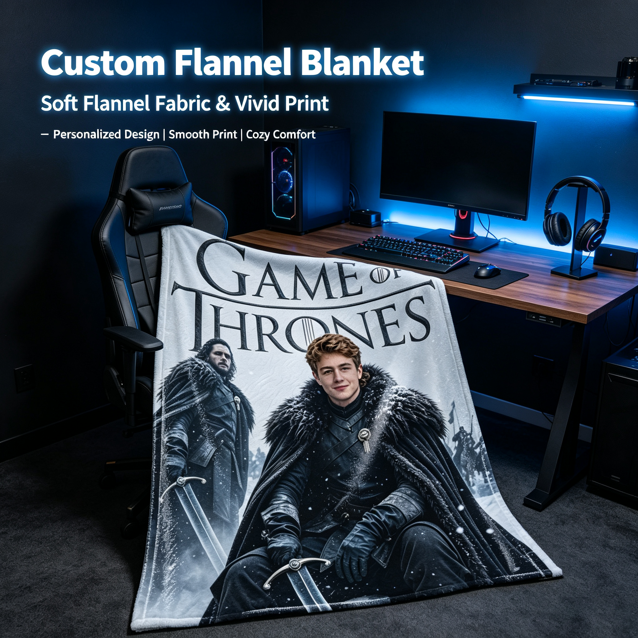 Custom Face Blanket Game of Thrones Flannel Blanket Winterfell Theme Cozy Bedding Gift for Fans