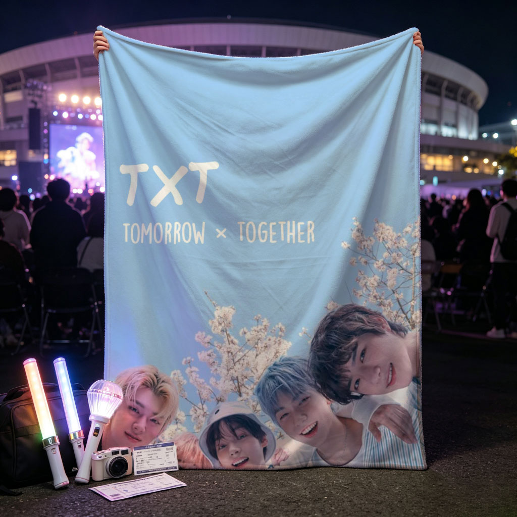 TXT Tomorrow x Together Members in a Spring Cherry Blossom Scene Under a Clear Blue Sky - Blankets