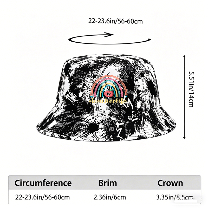 Unisex Classic Graffiti Bucket Hat with Rainbow Apple and #teacherlife Print | Stylish Sun Protection Hat for Teachers, Outdoor Activities, and Everyday Wear | Perfect Gift for Educators and Teaching Enthusiasts