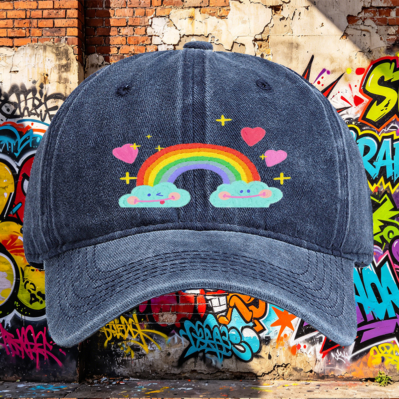Unisex Classic Washed Cap with Rainbow Clouds and Hearts Print - Perfect for Casual Outings, Travel, and Daily Wear - Ideal for Teens and Adults Who Love Fun, Whimsical Designs