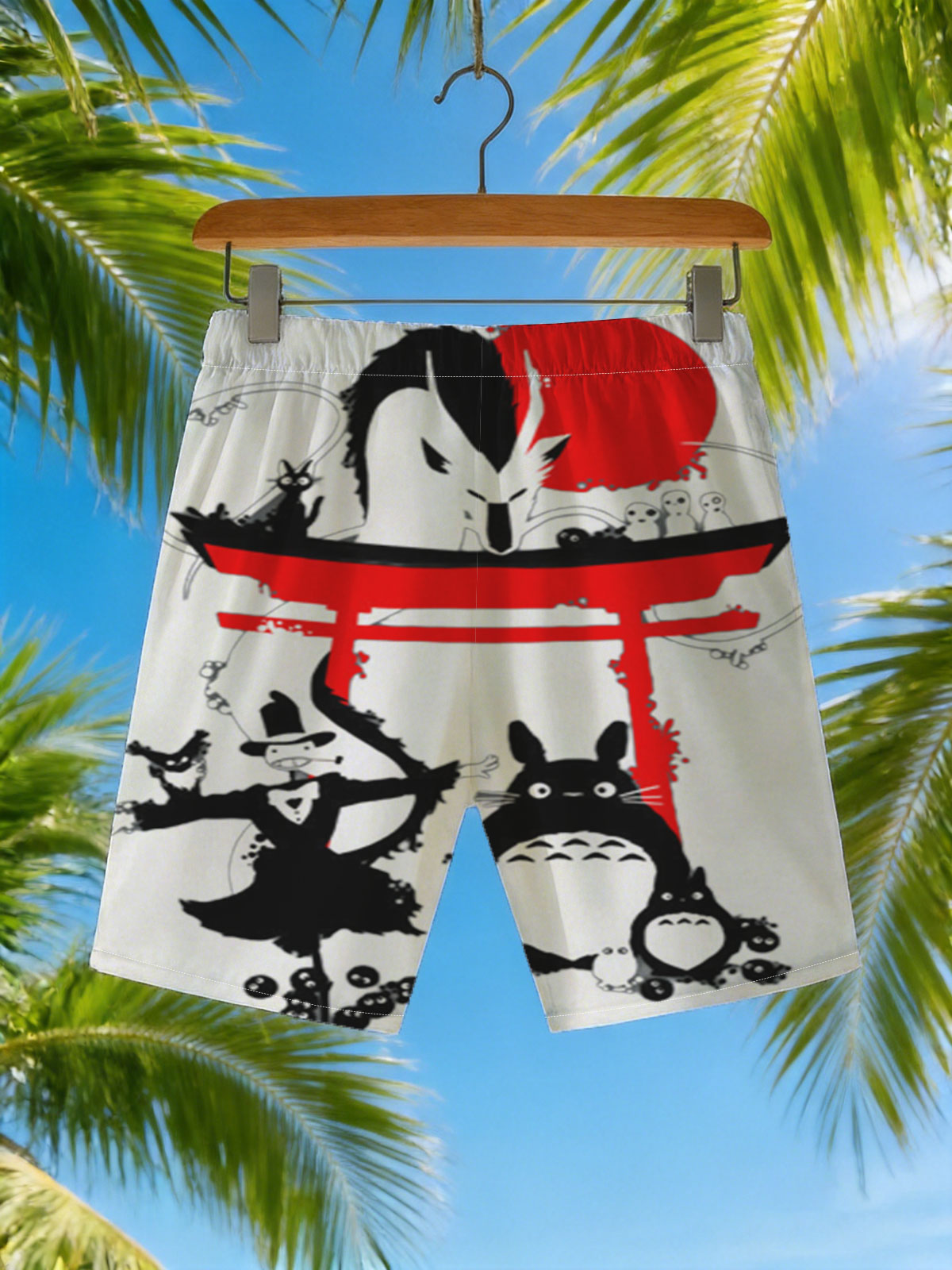 Totoro, No-Face, and Spirited Away Characters in a Japanese Shrine Scene -  Beach shorts