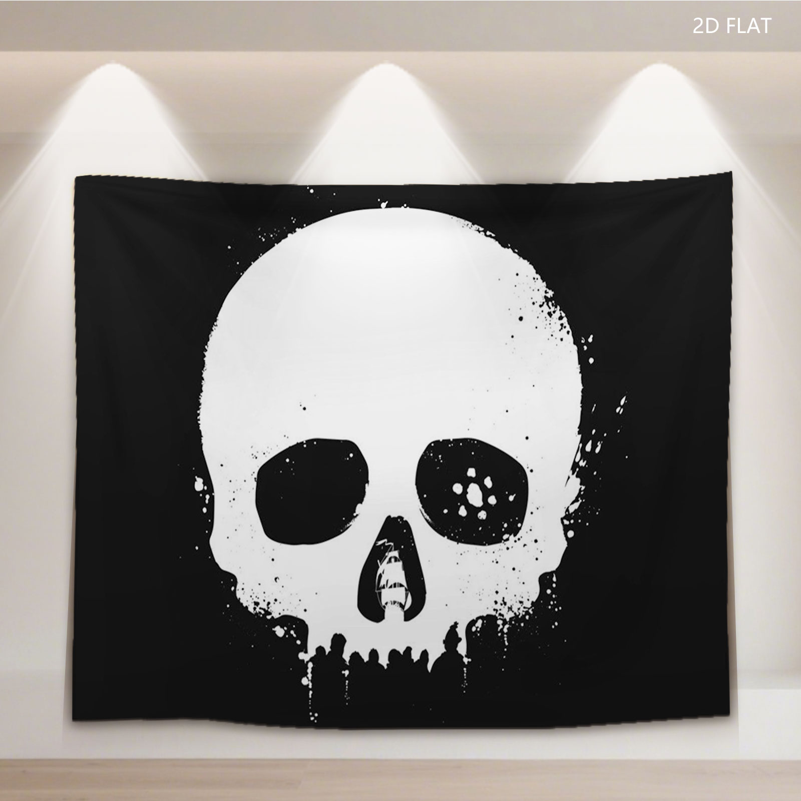 Skull with Ship in Mouth, Black and White Art - Tapestry