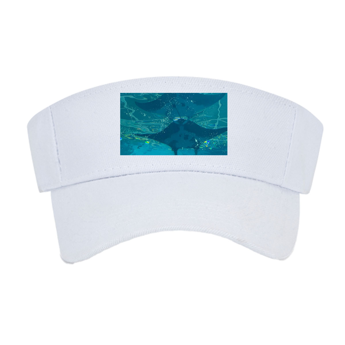 Graceful manta rays glide through clear blue waters, their silhouettes dancing beneath the surface. -  Visor cap